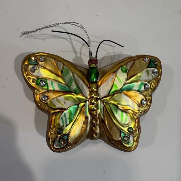 The Unbranded Brand Other - Vintage Hand Blown Glass Butterfly Ornament Gold Green Jeweled Christmas Decor